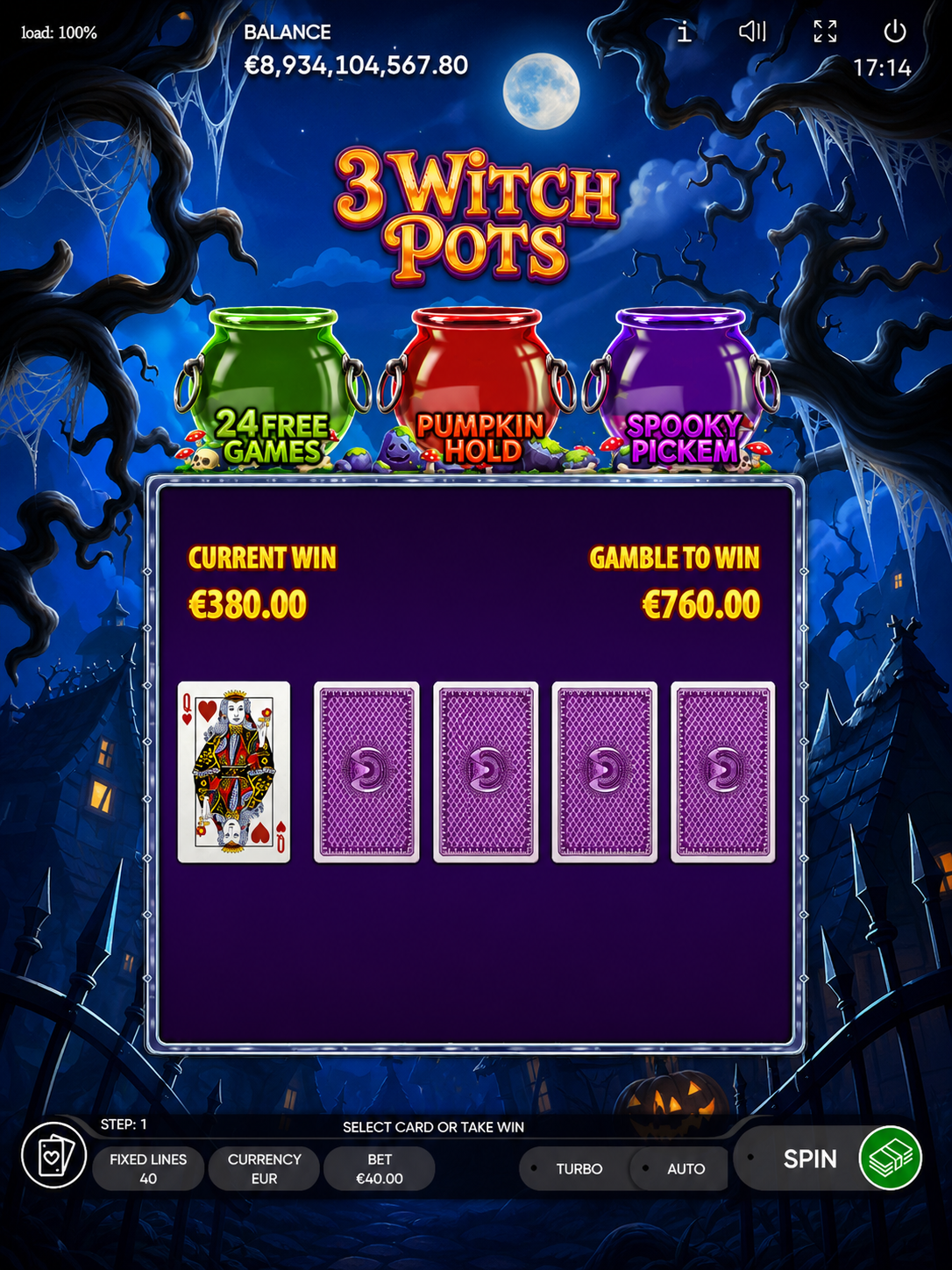 3 Witch Pots demo free start screen with virtual credit